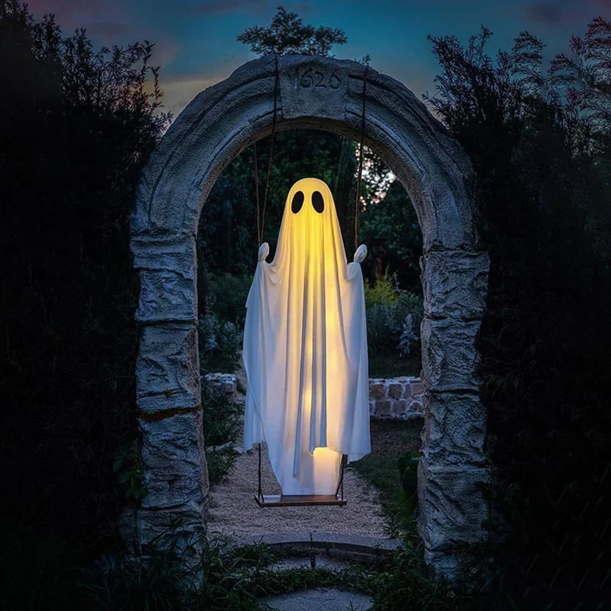 Halloween Ghost Decoration With Integrated LED String Lights Hanging Figure On Swing For Porch Decor - Image 5