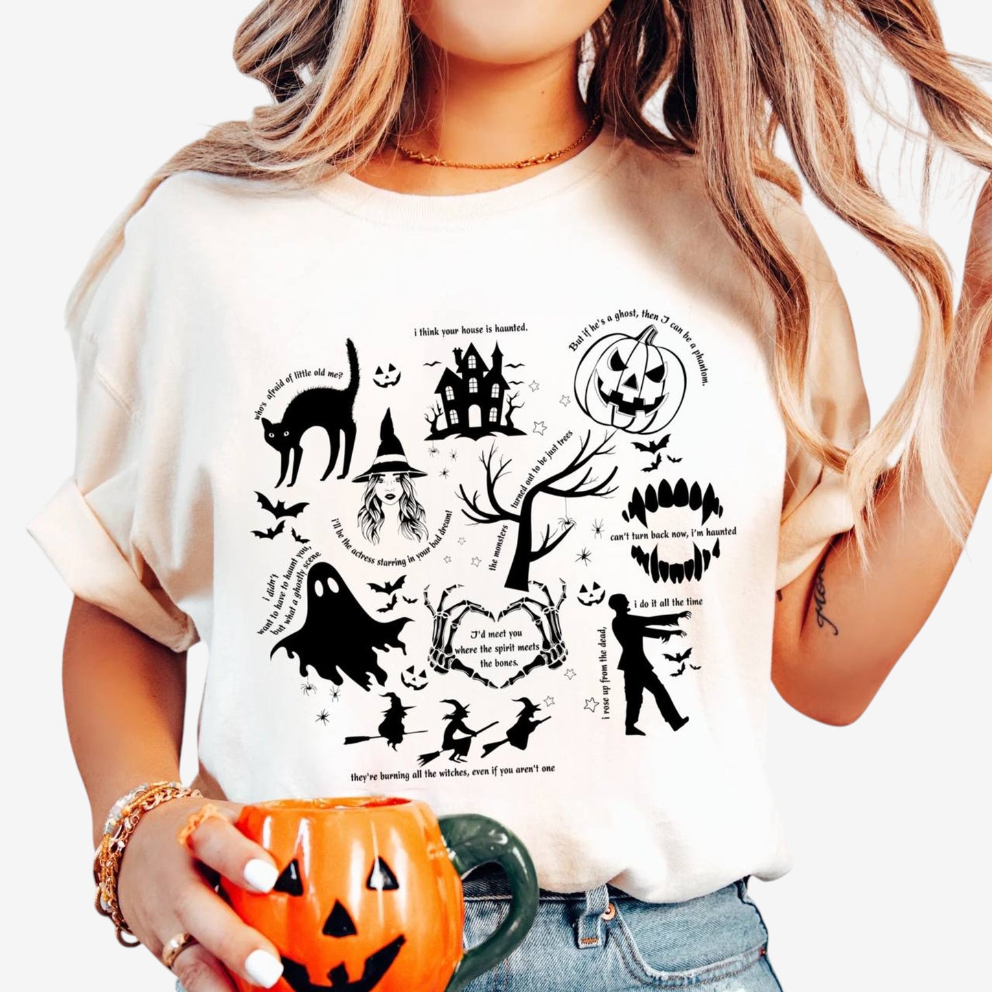 Halloween Graphic Shirt Relaxed Fit Crew Neck Spooky Print Casual Pullover Top - Image 4