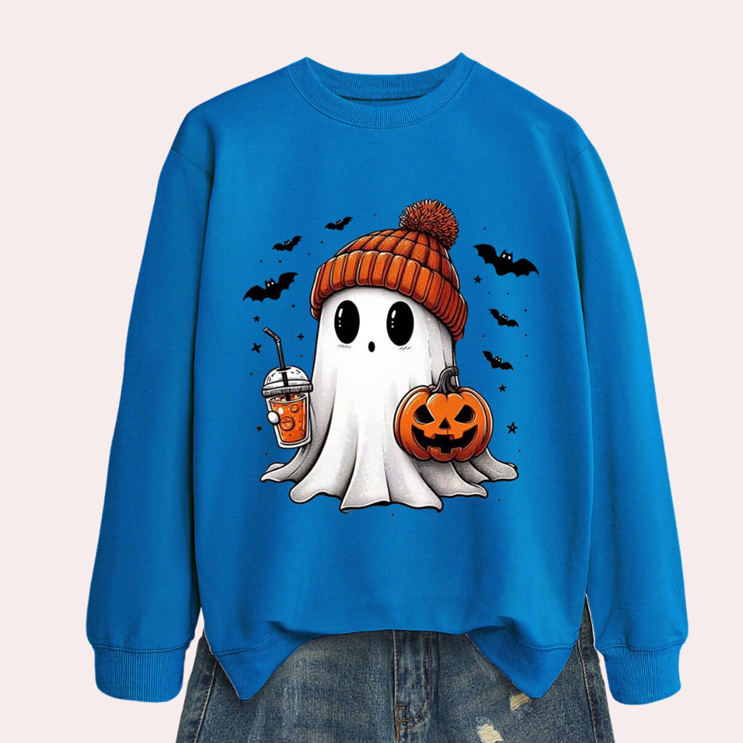 Halloween Graphic Sweatshirt Ghost Pumpkin Long Sleeve Crewneck - Image 1