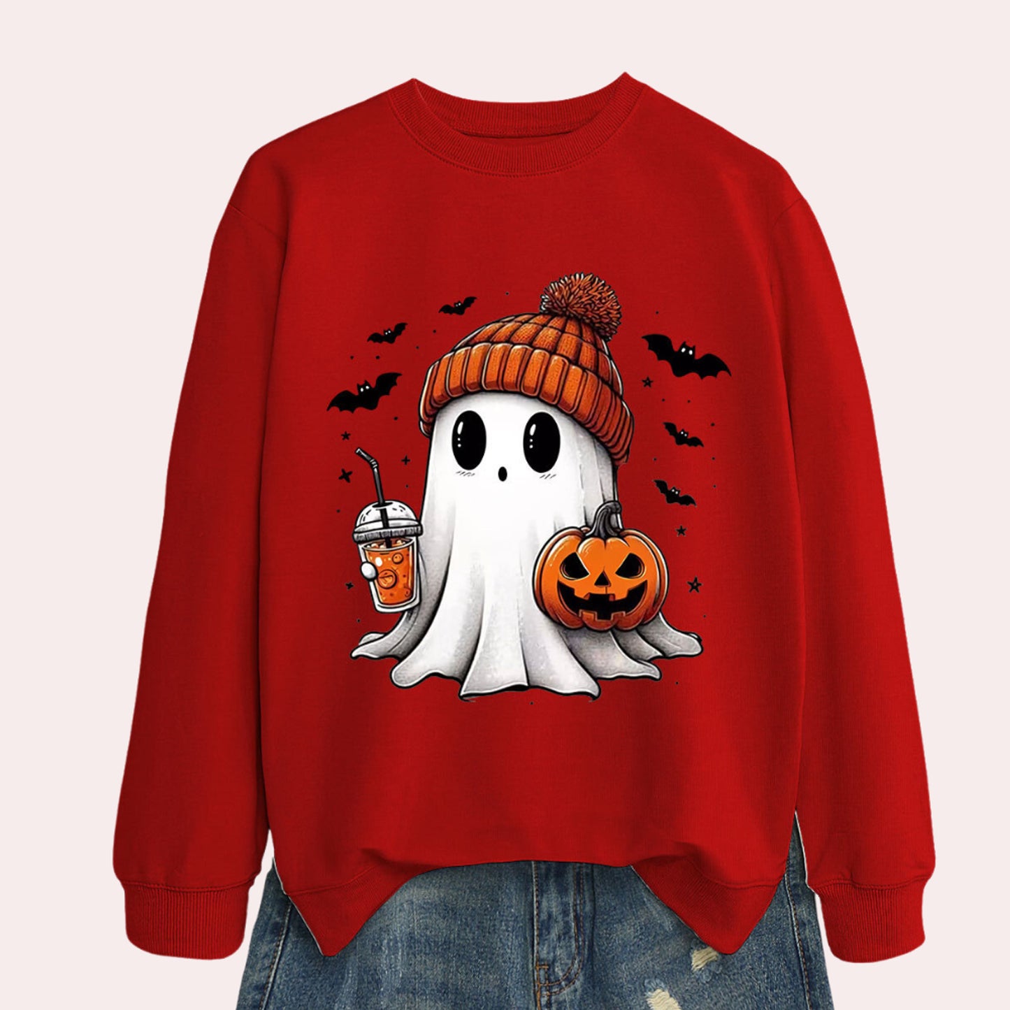 Halloween Graphic Sweatshirt Ghost Pumpkin Long Sleeve Crewneck - Image 7