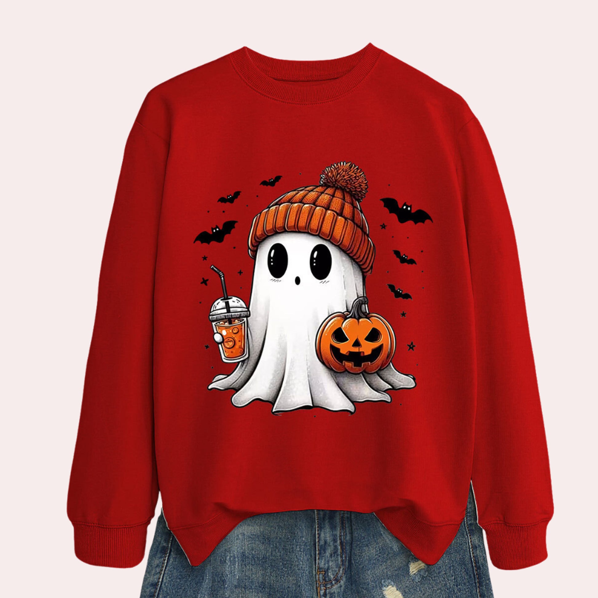 Halloween Graphic Sweatshirt Ghost Pumpkin Long Sleeve Crewneck - Image 7