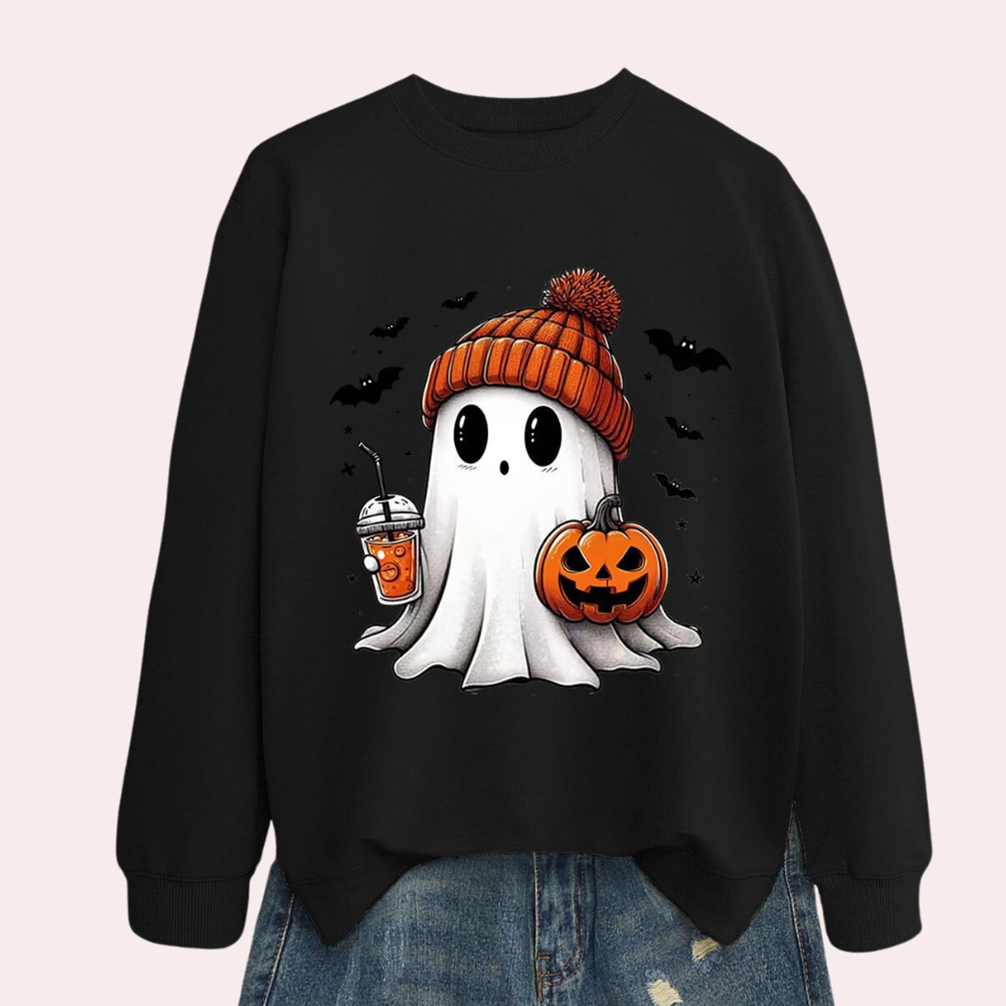Halloween Graphic Sweatshirt Ghost Pumpkin Long Sleeve Crewneck - Image 5