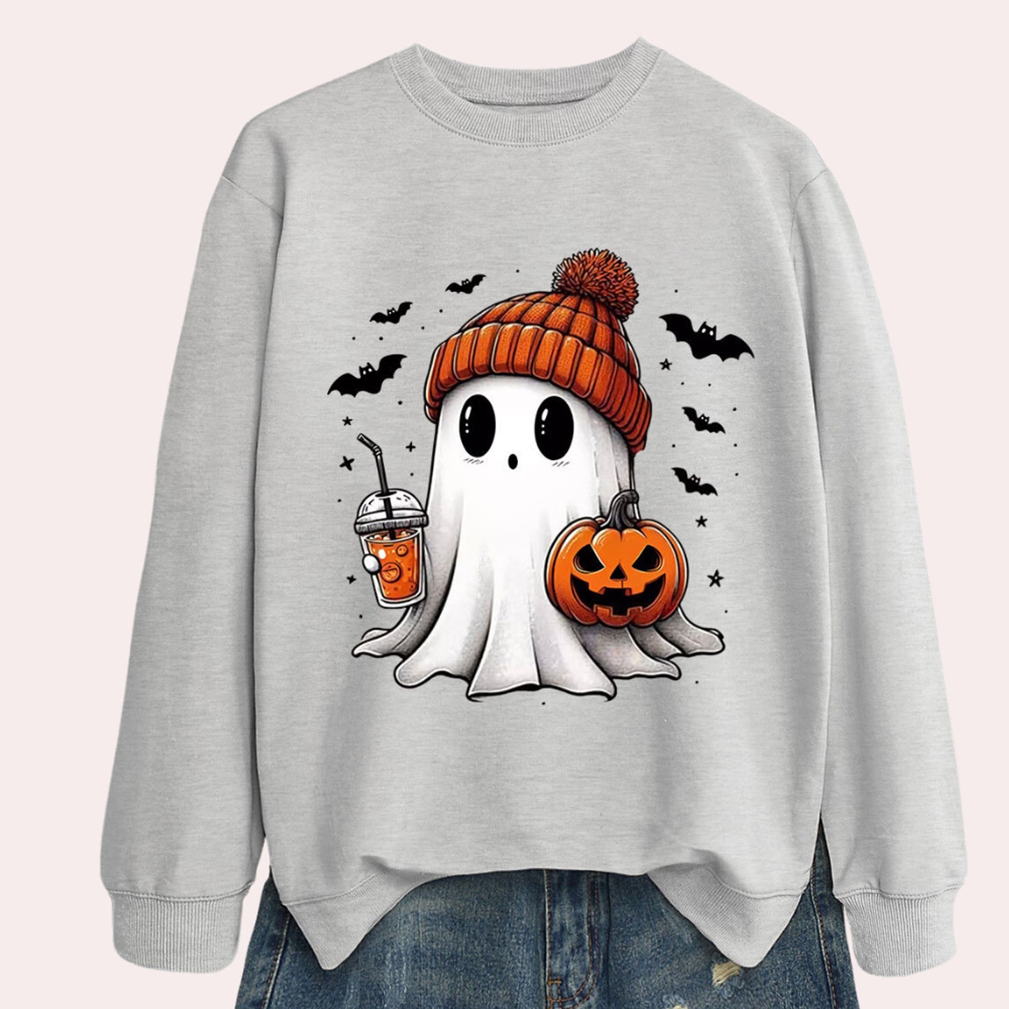 Halloween Graphic Sweatshirt Ghost Pumpkin Long Sleeve Crewneck - Image 2