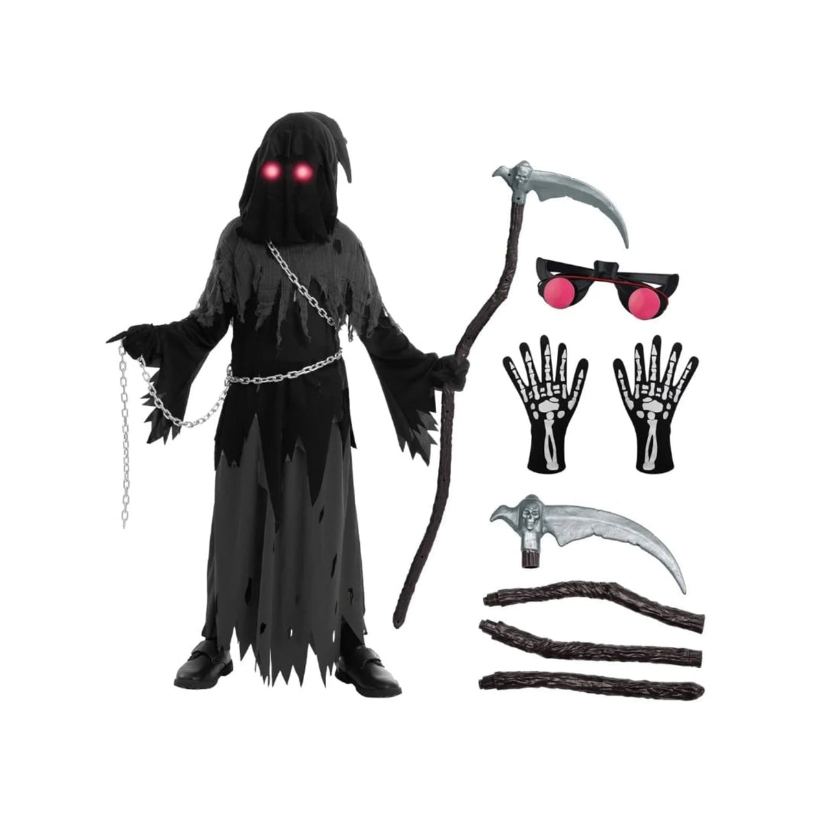 Halloween Grim Reaper Costume For Kids Hooded Robe Set With Glowing Eyes - Image 3