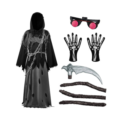 Halloween Grim Reaper Costume For Kids Hooded Robe Set With Glowing Eyes - Image 7