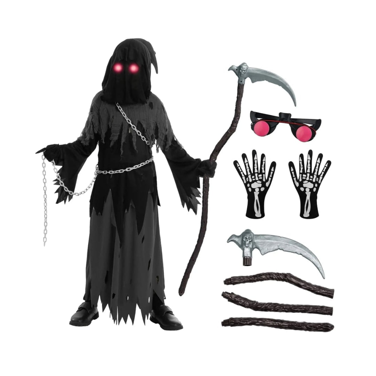 Halloween Grim Reaper Costume For Kids Hooded Robe Set With Glowing Eyes - Image 4