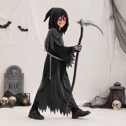 Halloween Grim Reaper Costume For Kids Hooded Robe Set With Glowing Eyes - Image 2