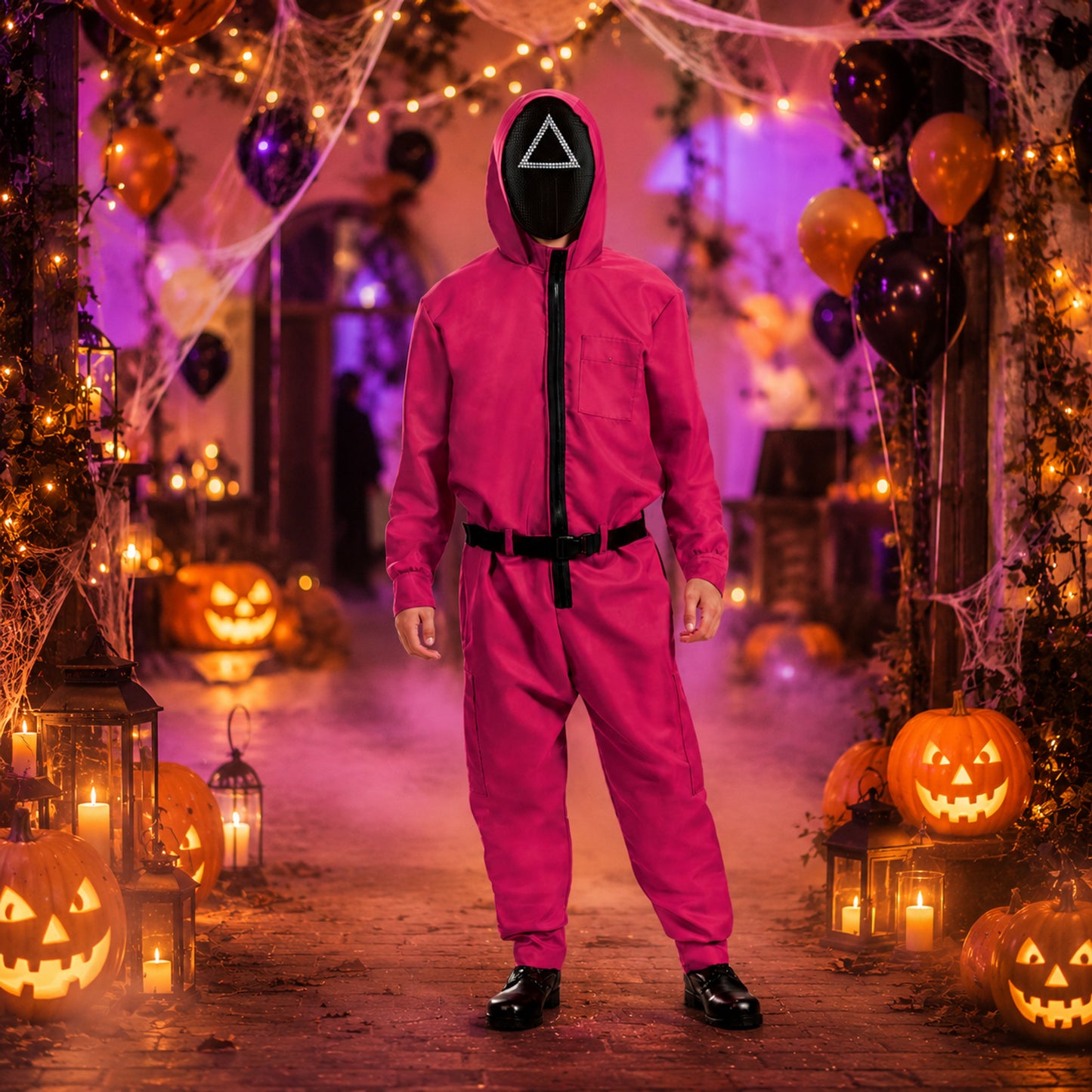 Halloween Jumpsuit Costume With Pink Hood And Belt For Party Complete Outfit - Image 1