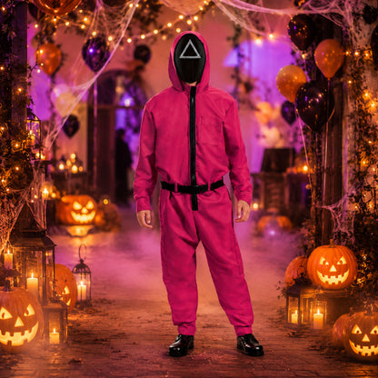 Halloween Jumpsuit Costume With Pink Hood And Belt For Party Complete Outfit - Image 1
