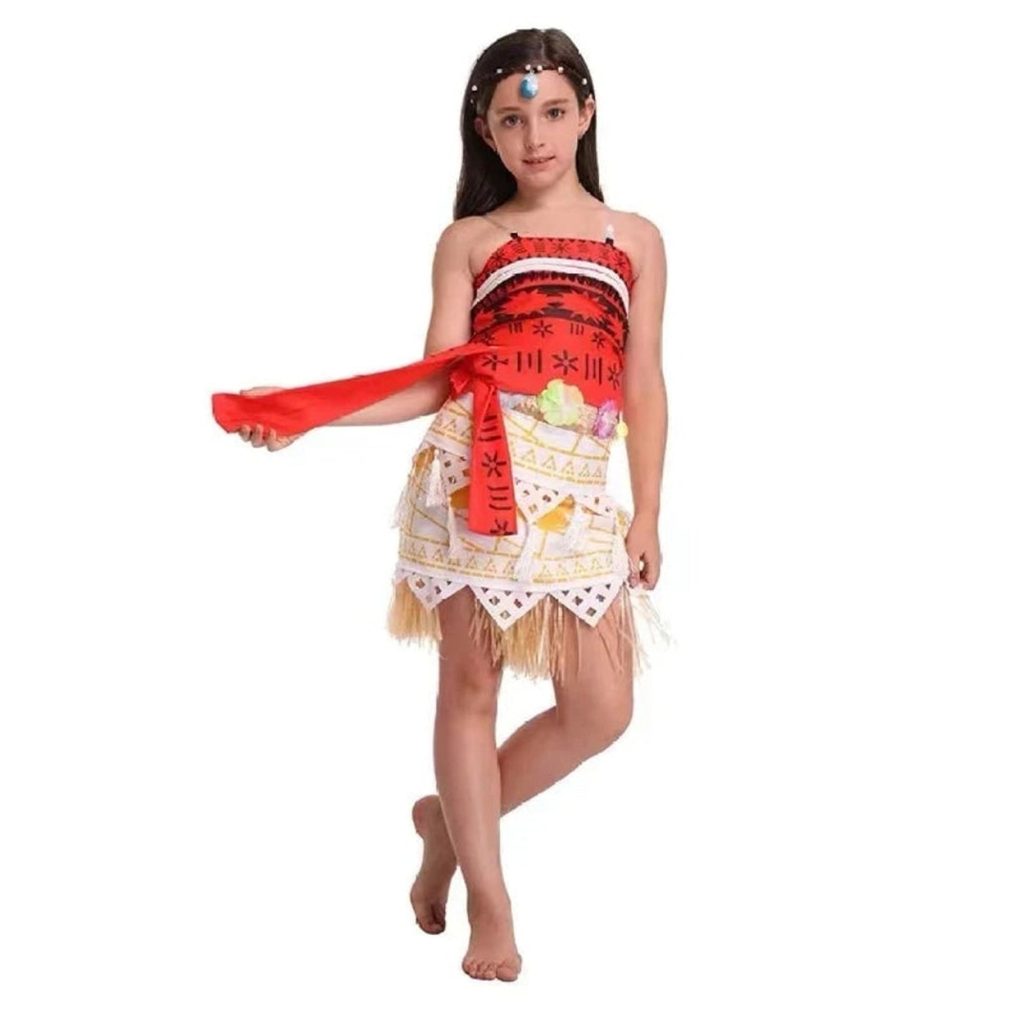 Halloween Princess Costume For Women With Tropical Print Top Grass Skirt And Pendant - Image 4