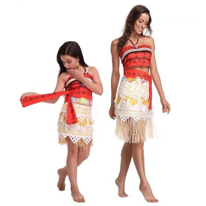 Halloween Princess Costume For Women With Tropical Print Top Grass Skirt And Pendant - Image 3