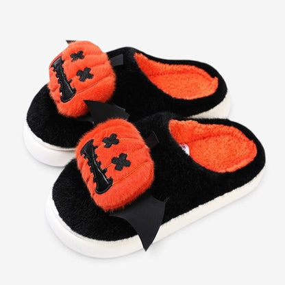 Halloween Pumpkin Plush Warm Indoor Slippers Black Orange Bat Wings Comfort - Image 1