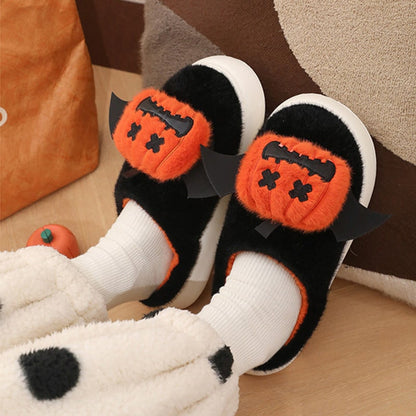 Halloween Pumpkin Plush Warm Indoor Slippers Black Orange Bat Wings Comfort - Image 4