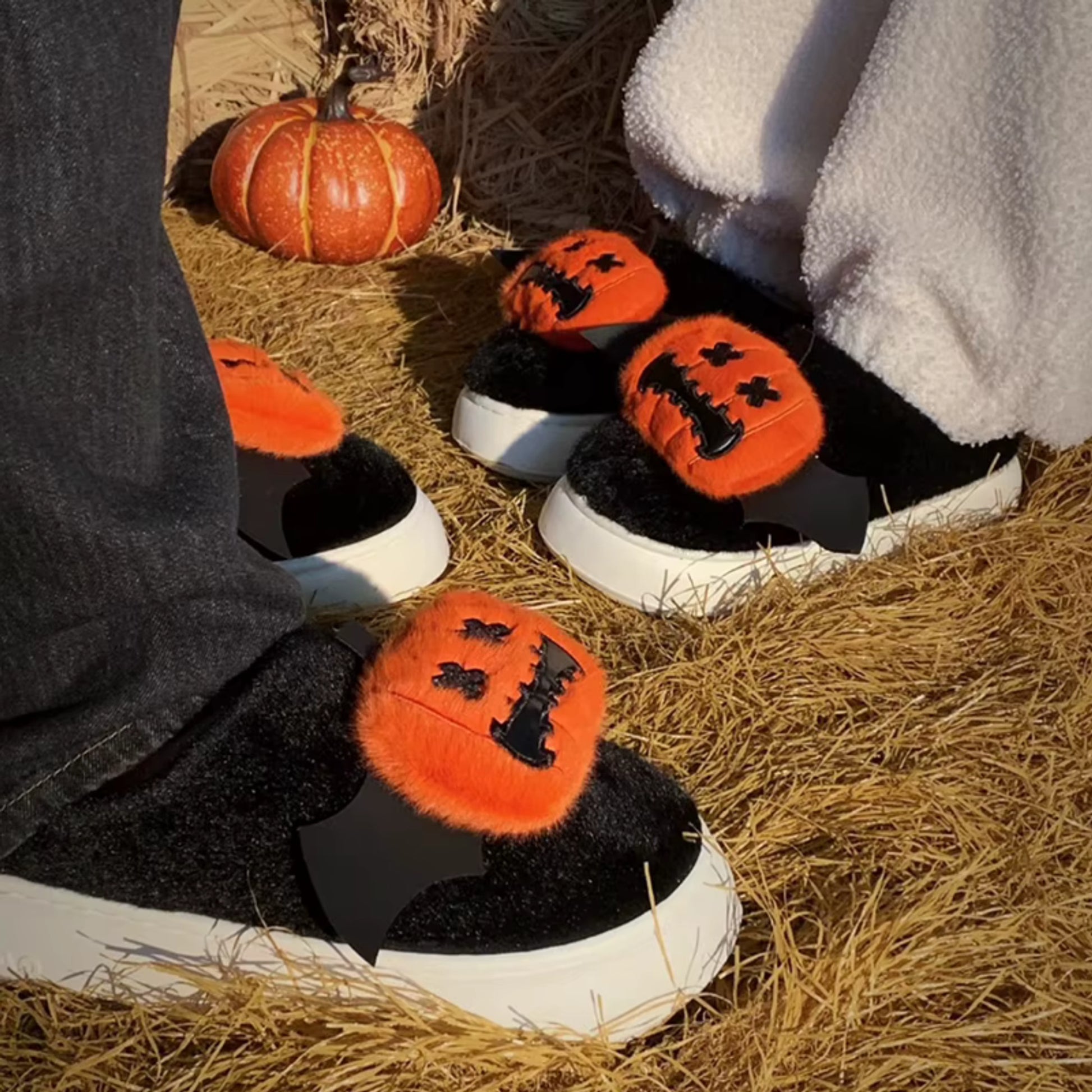 Halloween Pumpkin Plush Warm Indoor Slippers Black Orange Bat Wings Comfort - Image 6