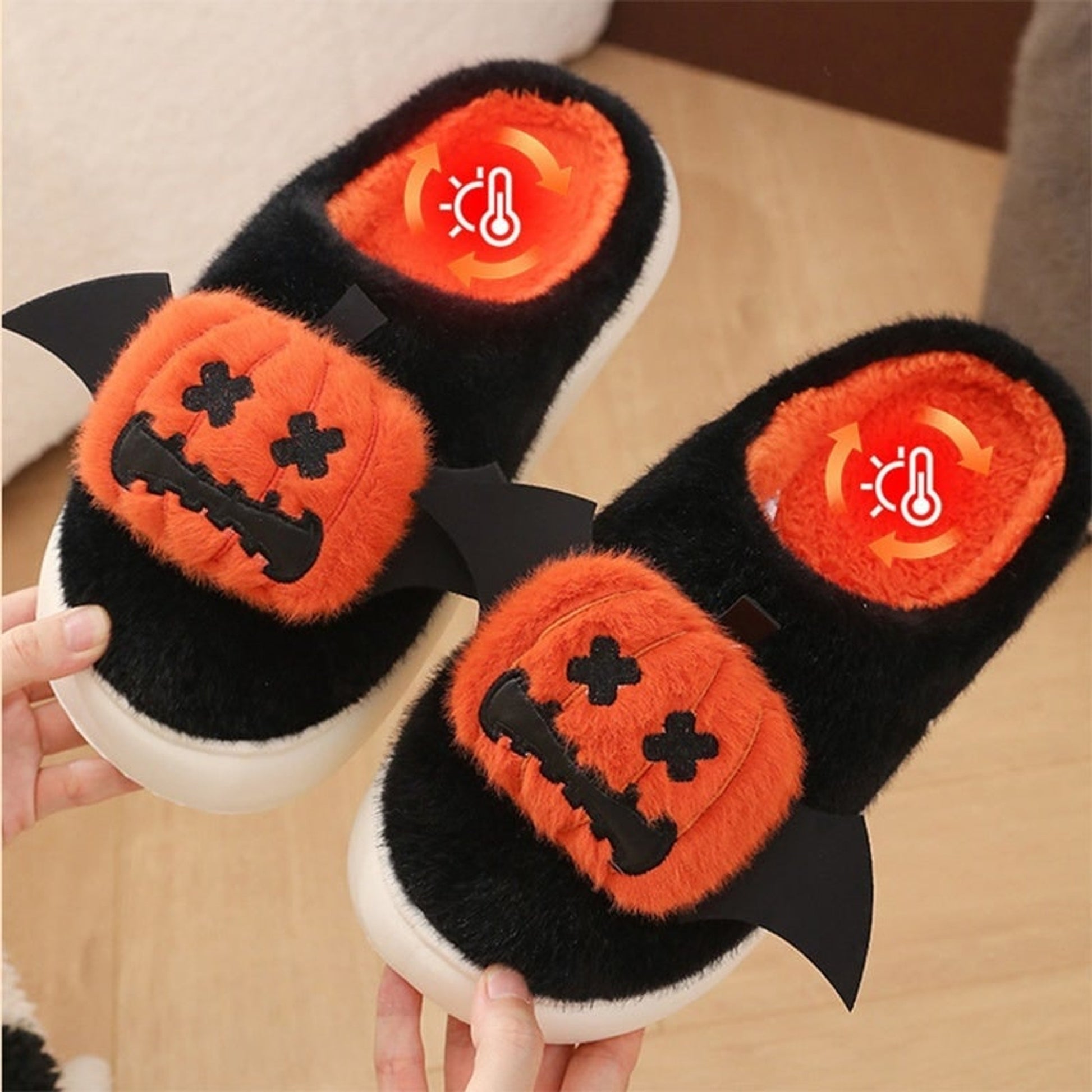 Halloween Pumpkin Plush Warm Indoor Slippers Black Orange Bat Wings Comfort - Image 3
