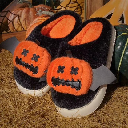 Halloween Pumpkin Plush Warm Indoor Slippers Black Orange Bat Wings Comfort - Image 2