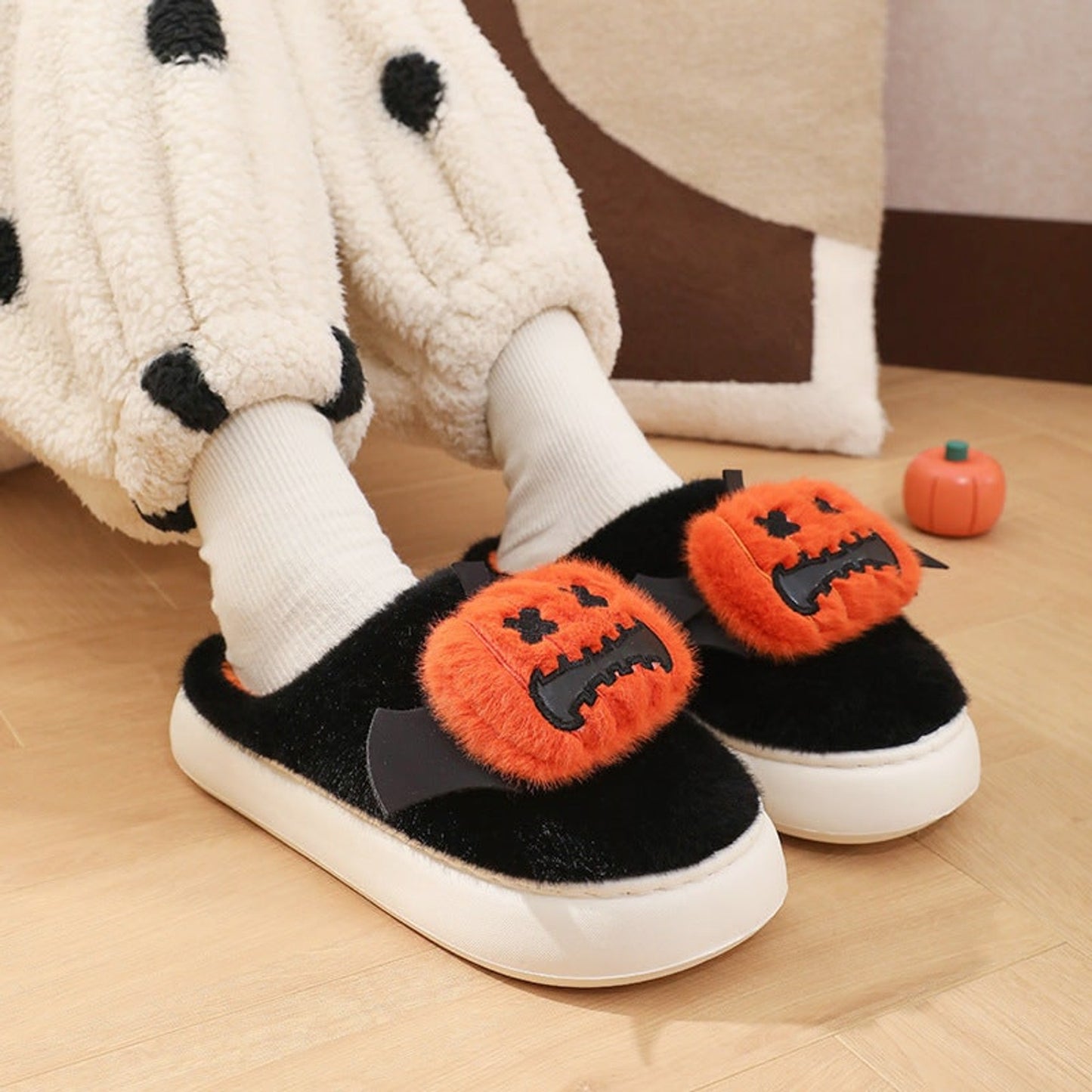 Halloween Pumpkin Plush Warm Indoor Slippers Black Orange Bat Wings Comfort - Image 5