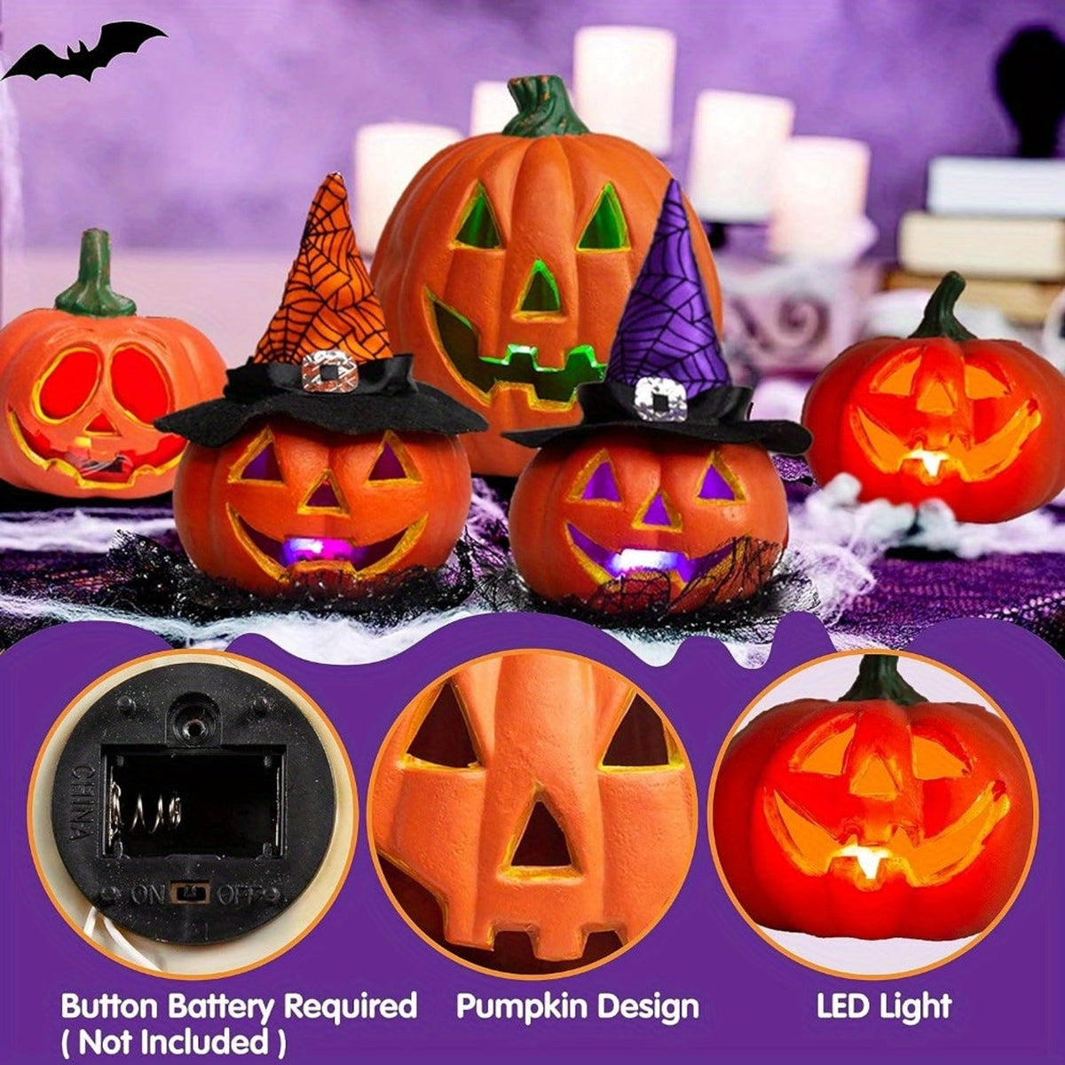Halloween Pumpkins Light Up LED Jack O'Lantern Collection Decor Battery Operated Freestanding Display - Image 2