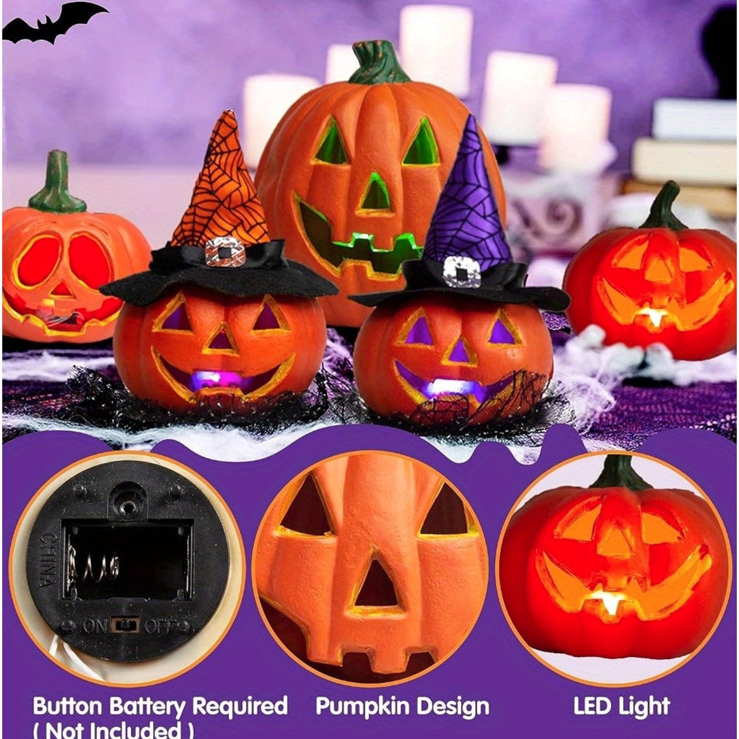 Halloween Pumpkins Light Up LED Jack O'Lantern Collection Decor Battery Operated Freestanding Display - Image 6