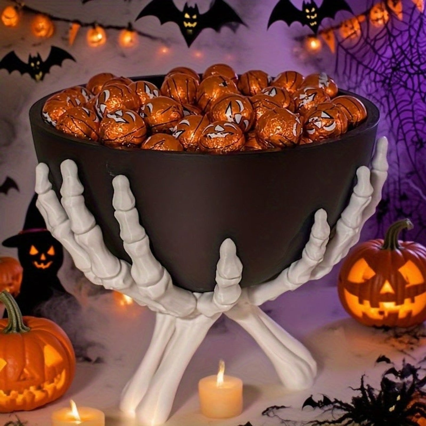 Halloween Skeleton Candy Bowl With White Hands And Gothic-inspired Decor - Image 3