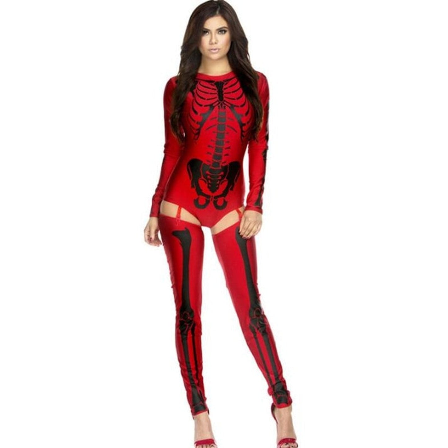 Halloween Skeleton Outfit Costume With Bodysuit And Thigh-High Leggings For Party - Image 1