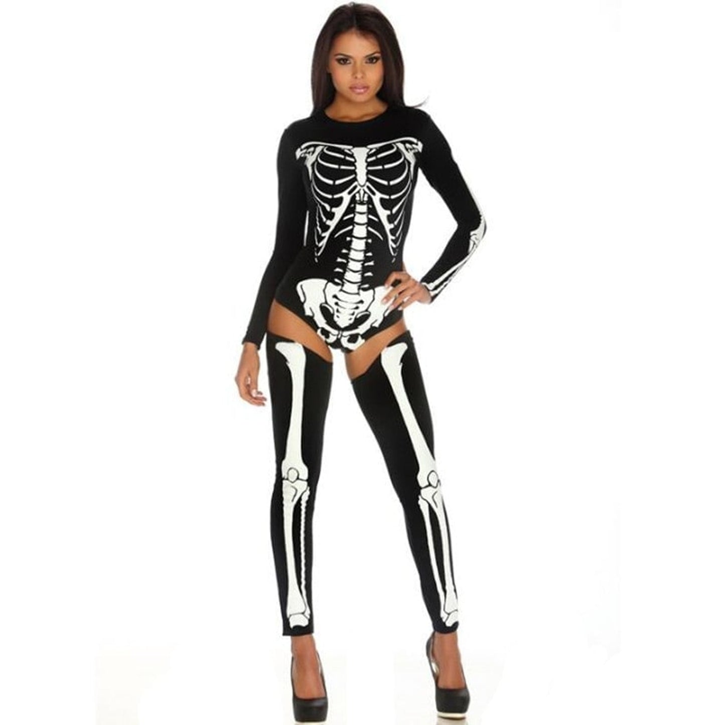 Halloween Skeleton Outfit Costume With Bodysuit And Thigh-High Leggings For Party - Image 5