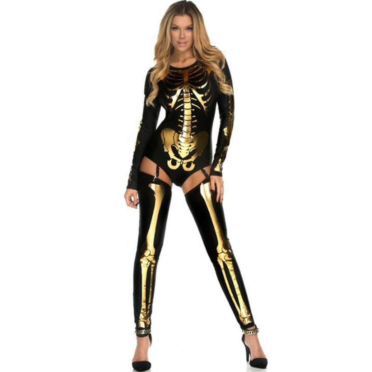 Halloween Skeleton Outfit Costume With Bodysuit And Thigh-High Leggings For Party - Image 2
