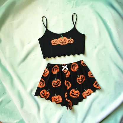 Halloween Sleepwear Set Women's Ghost Print Crop Top And Shorts Lounge - Image 6