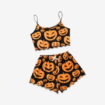 Halloween Sleepwear Set Women's Ghost Print Crop Top And Shorts Lounge - Image 3