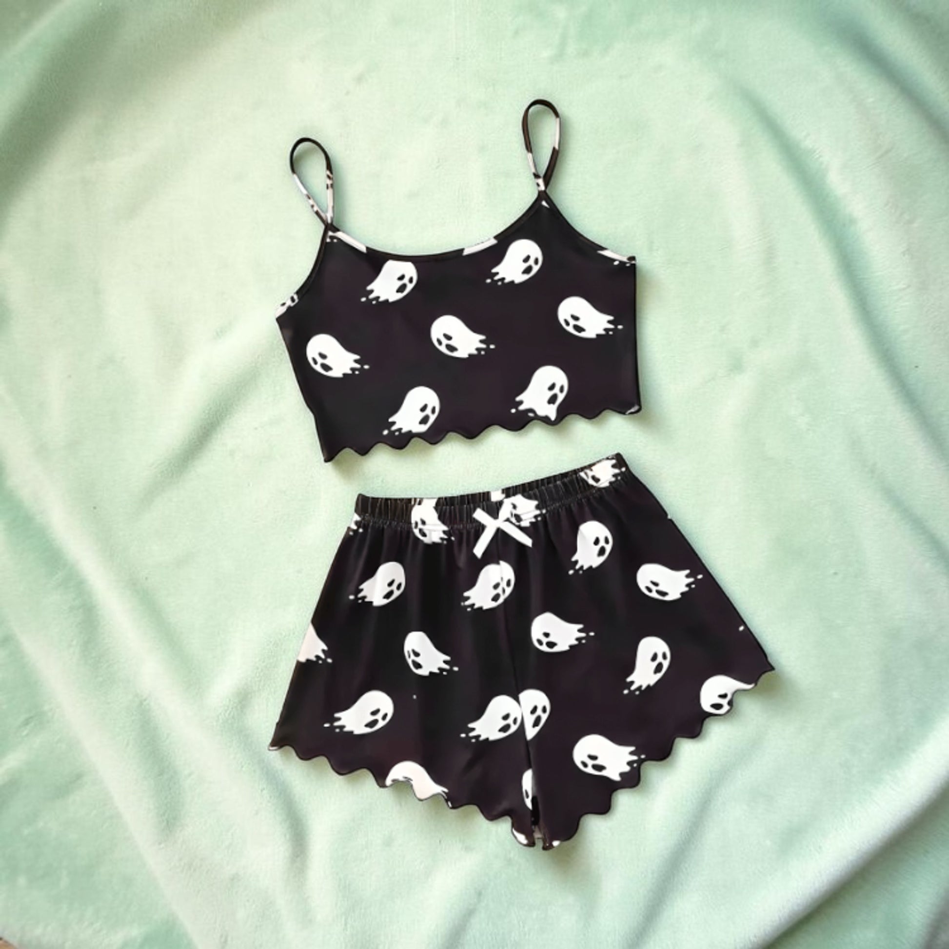 Halloween Sleepwear Set Women's Ghost Print Crop Top And Shorts Lounge - Image 5