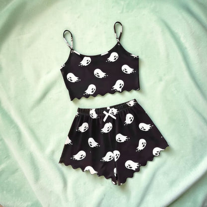 Halloween Sleepwear Set Women's Ghost Print Crop Top And Shorts Lounge - Image 5