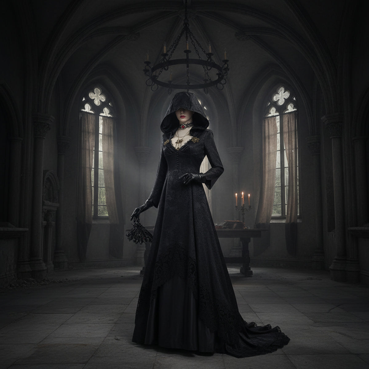 Halloween Vampire Costume Gothic Hooded Black Dress With Authentic Spooky Design - Image 1