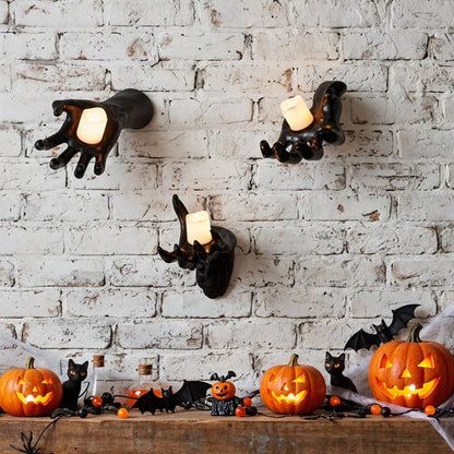 Halloween Wall Decoration Featuring Reaching Hand With Warm LED Candle Mounted Decor With Soft PVC And Cell Batteries - Image 3