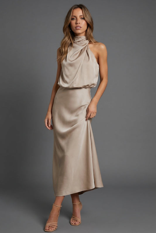 Halter Neck Blouson Satin Midi Occasion Dress