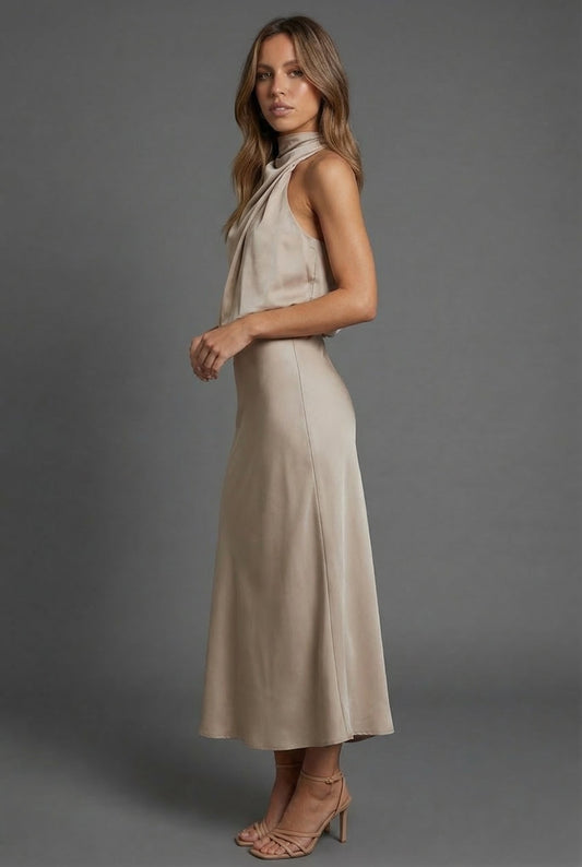 Halter Neck Blouson Satin Midi Occasion Dress