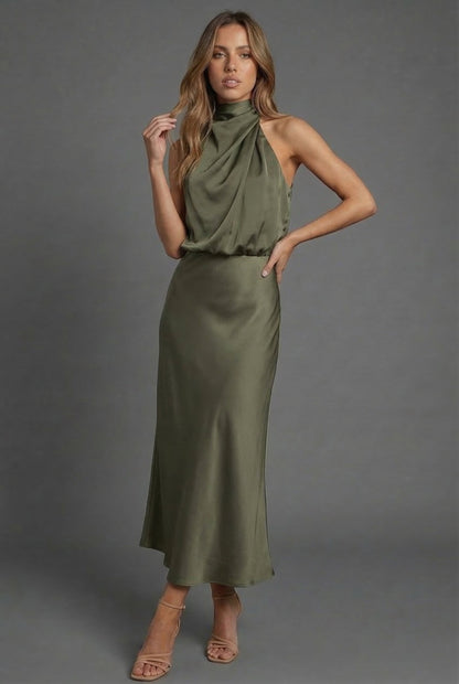 Halter Neck Blouson Satin Midi Occasion Dress