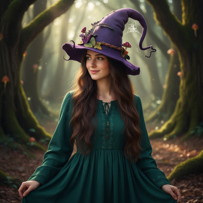 Handmade Felted Wool Witch Hat For Halloween With Spiderweb Embroidery Comfortable & Easy To Wear - Image 1