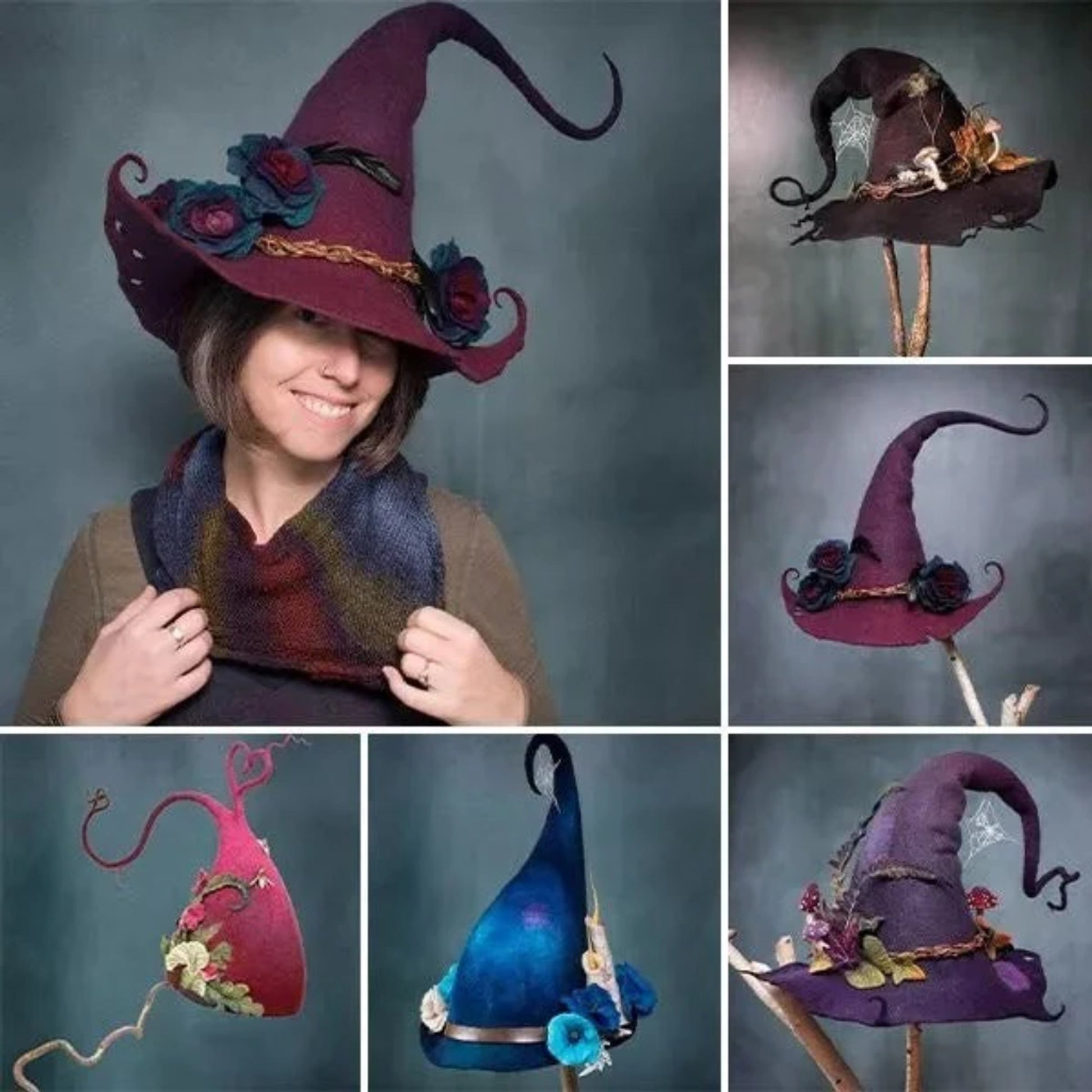 Handmade Felted Wool Witch Hat For Halloween With Spiderweb Embroidery Comfortable & Easy To Wear - Image 5