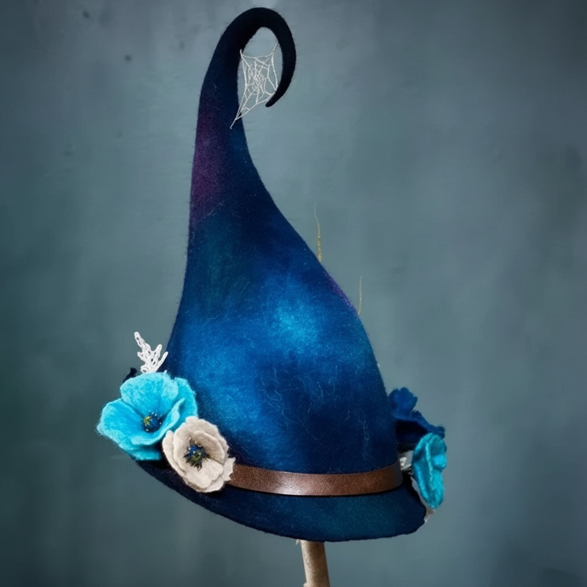 Handmade Felted Wool Witch Hat For Halloween With Spiderweb Embroidery Comfortable & Easy To Wear - Image 6