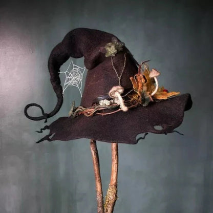Handmade Felted Wool Witch Hat For Halloween With Spiderweb Embroidery Comfortable & Easy To Wear - Image 4
