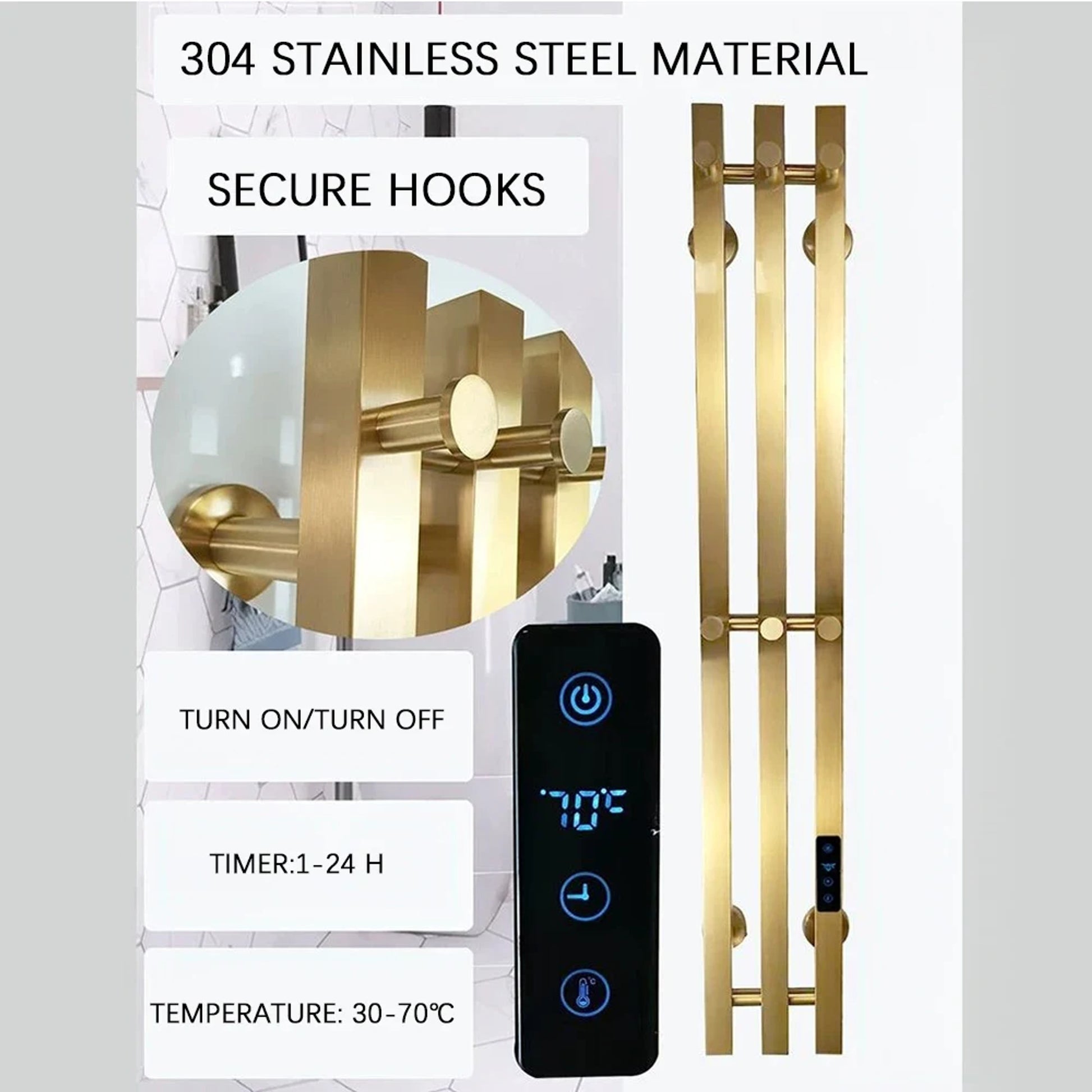 Heated Towel Rack Wall Mount Bathroom Electric Rail With Digital Control And Secure Hooks 304 Stainless Steel Design - Image 2
