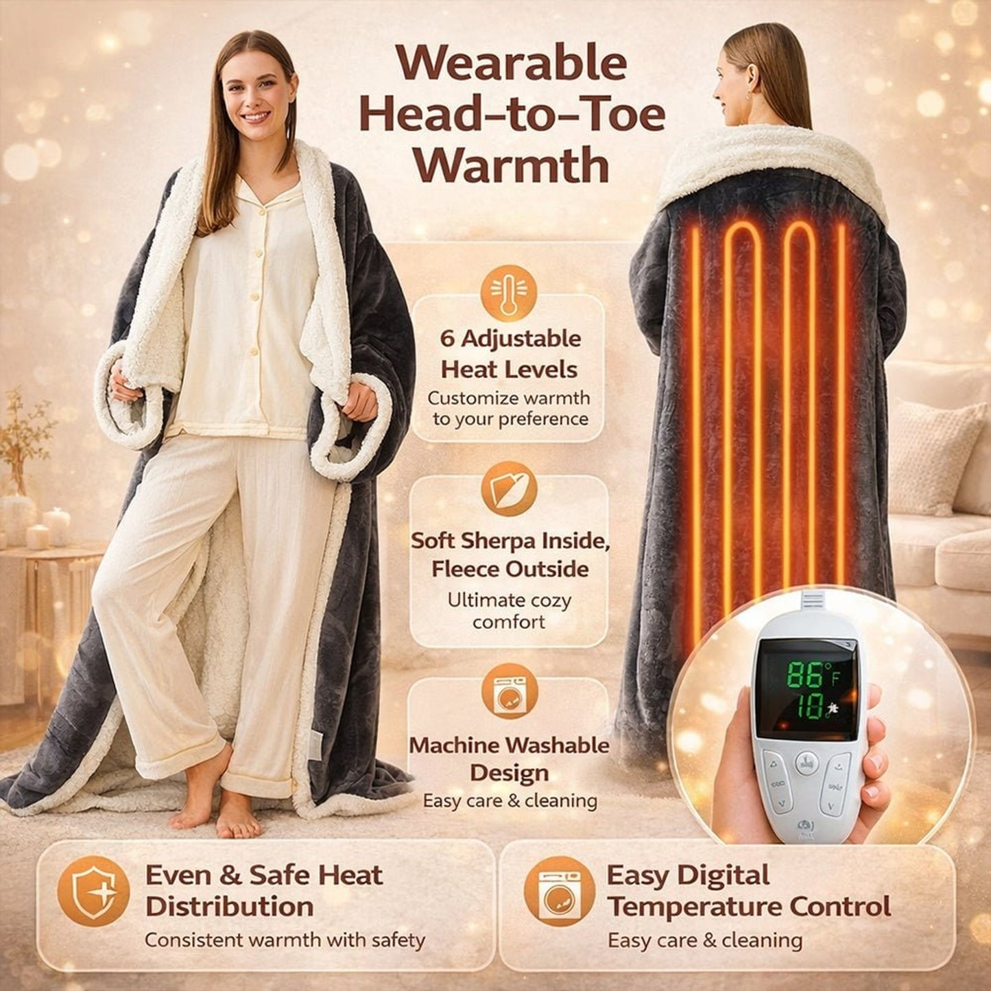 Heated Wearable Blanket With Electric Heating Sleeves And Foot Pocket - Image 2