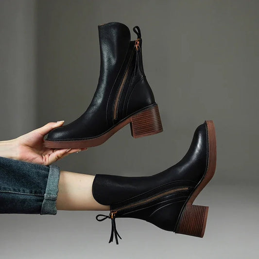 Heel Ankle Boots with Round Toe and Side Zipper Closure - Image 1