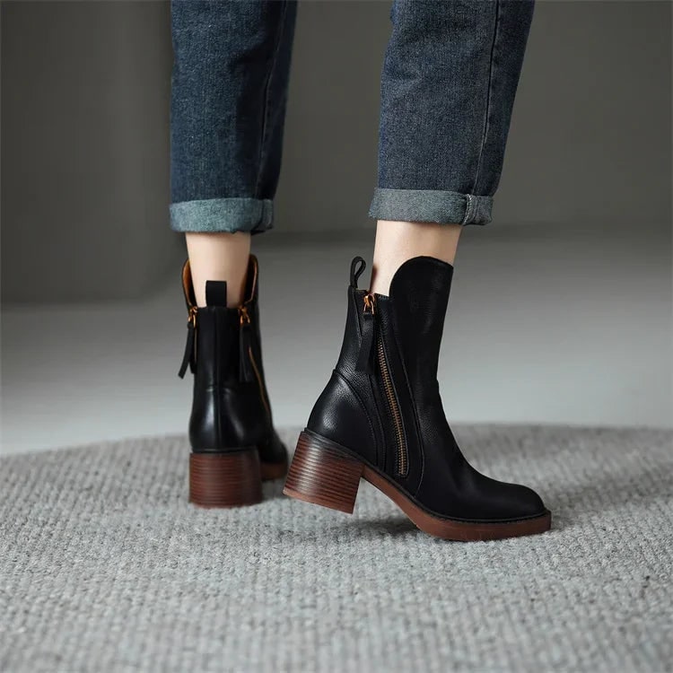 Heel Ankle Boots with Round Toe and Side Zipper Closure - Image 3