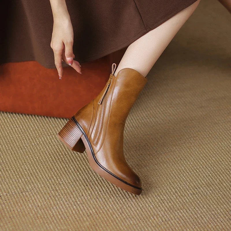 Heel Ankle Boots with Round Toe and Side Zipper Closure - Image 7