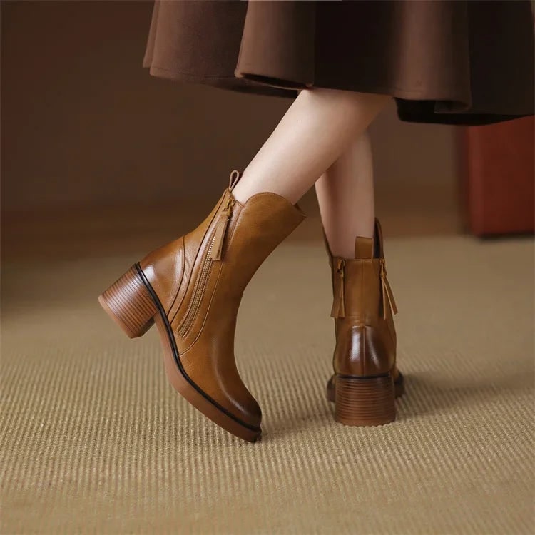 Heel Ankle Boots with Round Toe and Side Zipper Closure - Image 9