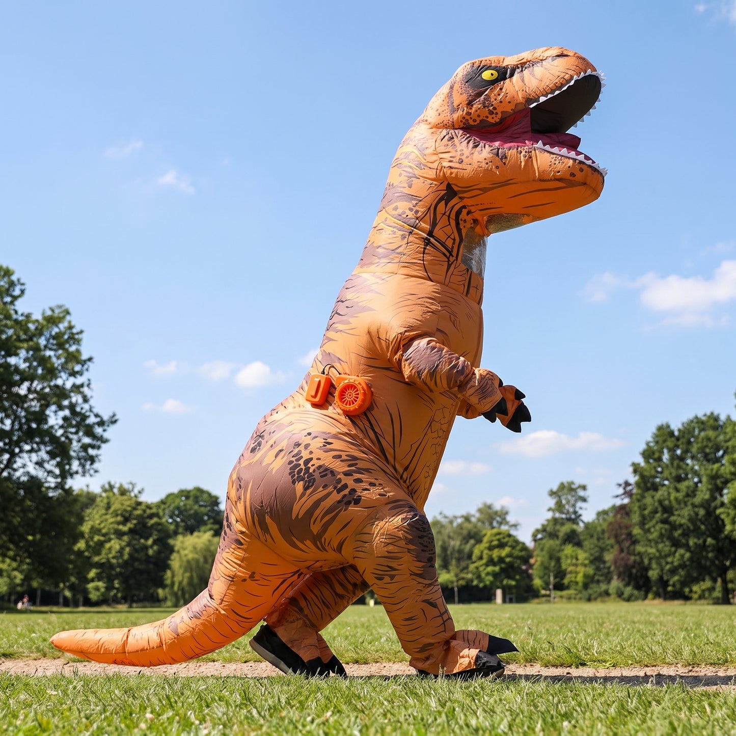 Halloween Inflatable Costume Dinosaur Blow Up T-rex Outfit With Built-in Fan For Instant Inflation - in-use