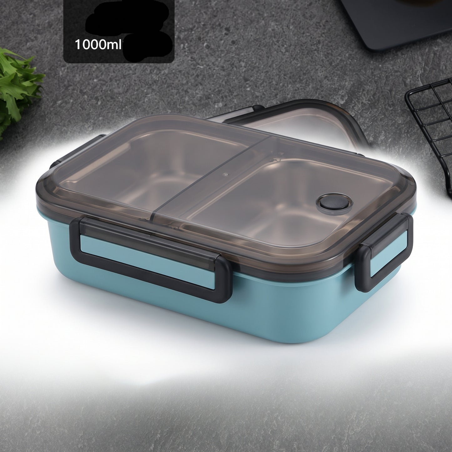 Stainless Steel Bento Lunch Box 1000ml 2 Compartment Clear Lid - angle