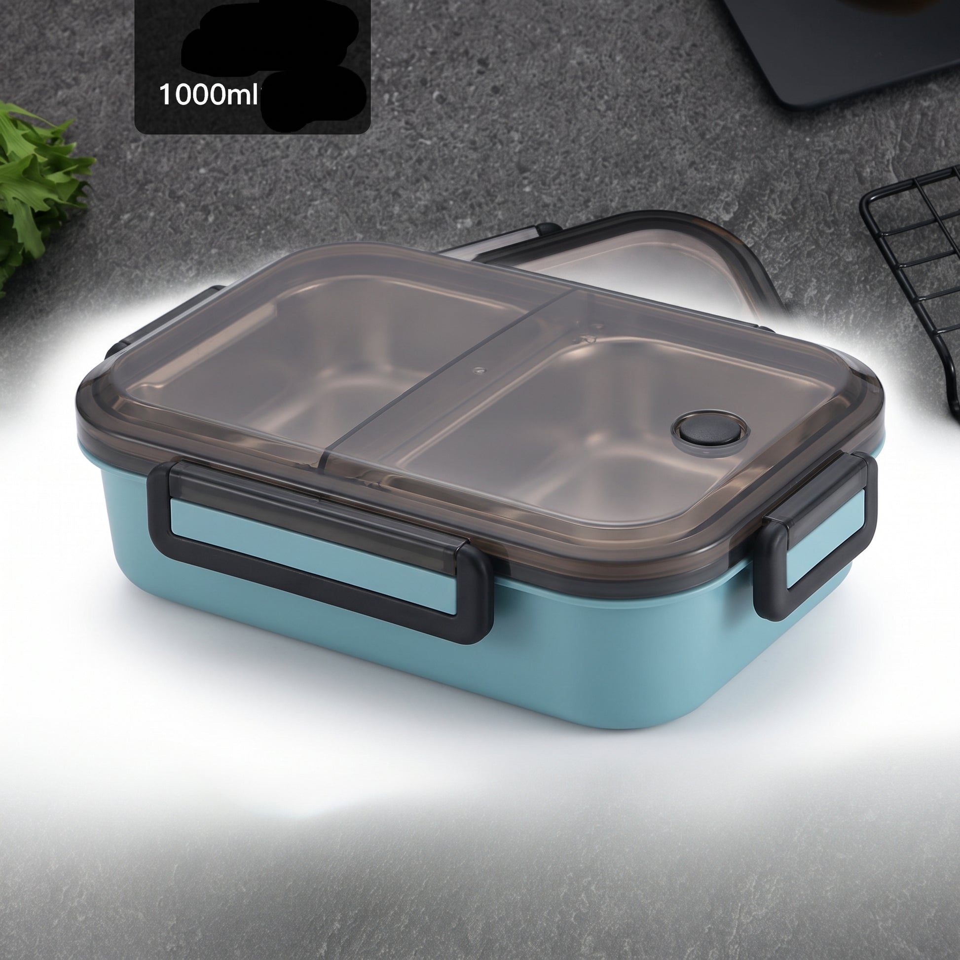 Stainless Steel Bento Lunch Box 1000ml 2 Compartment Clear Lid - angle