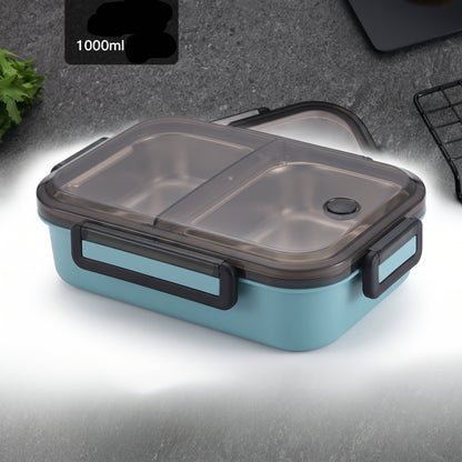 Stainless Steel Bento Lunch Box 1000ml 2 Compartment Clear Lid - angle